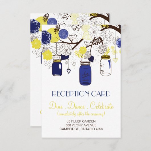 Blauwe en gele Floral Mason Jars Reception Kaart (Voorkant / Achterkant)