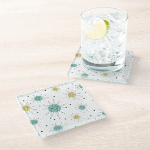 Blauwe en gele Franciscan Starburst Mid Century Glazen Onderzetter