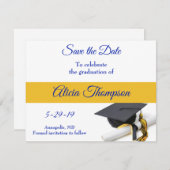 Blauwe en gele gradkap en tassel save the date (Voorkant / Achterkant)