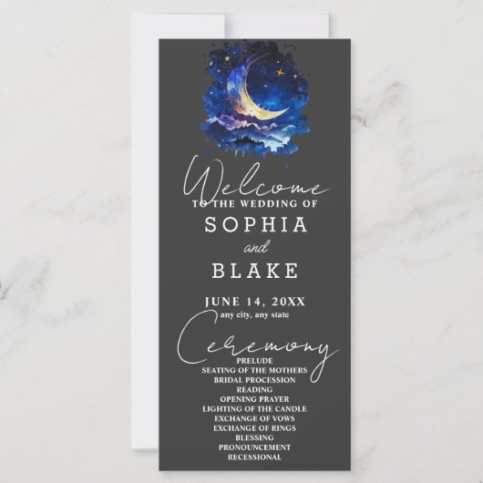 Blauwe en Gele Halve Maan Trouwprogramma (Voorkant)