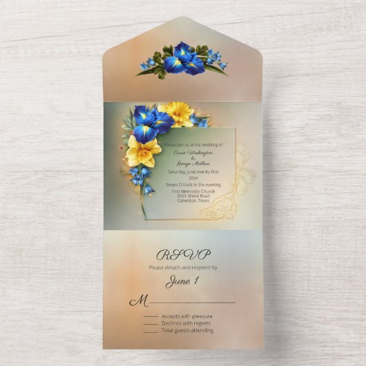 Blauwe en gele Irises Wedding All In One Uitnodiging (Binnen)