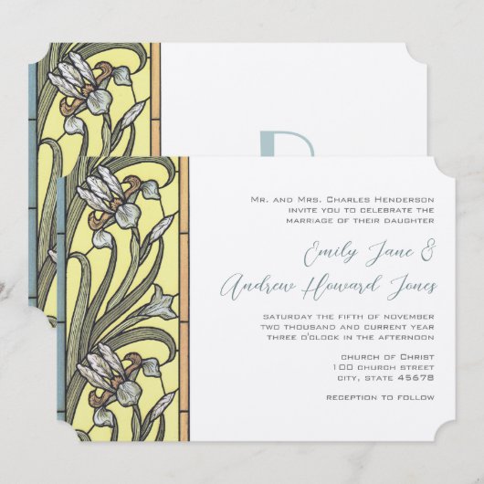 Blauwe en gele kunst Deco Iris Wedding Uitnodiging (Voorkant / Achterkant)