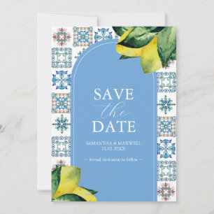 Blauwe en Gele Lemon Amalfi Bruiloft Aankondiginge Save The Date