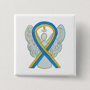 Blauwe en gele lint Awareness Angel Custom Pin Vierkante Button 5,1 Cm