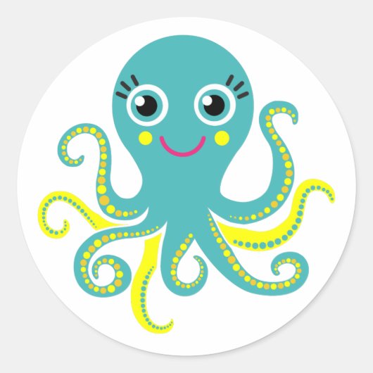 Blauwe en Gele Octopus Ronde Sticker (Voorkant)