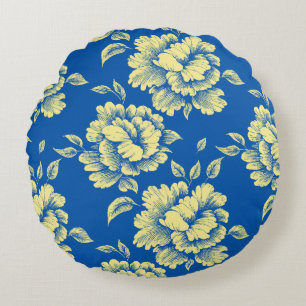 Blauwe en gele pony Toile - Frans country decor Rond Kussen