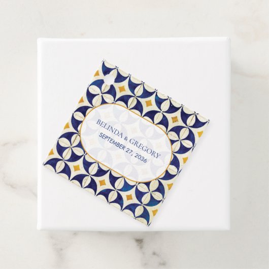  blauwe en gele Portugese patroonbruiloft Bedankjes Labels (In situ)