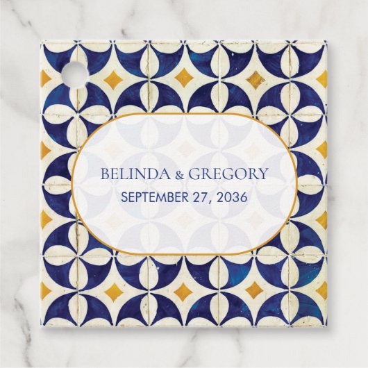  blauwe en gele Portugese patroonbruiloft Bedankjes Labels (Voorkant)