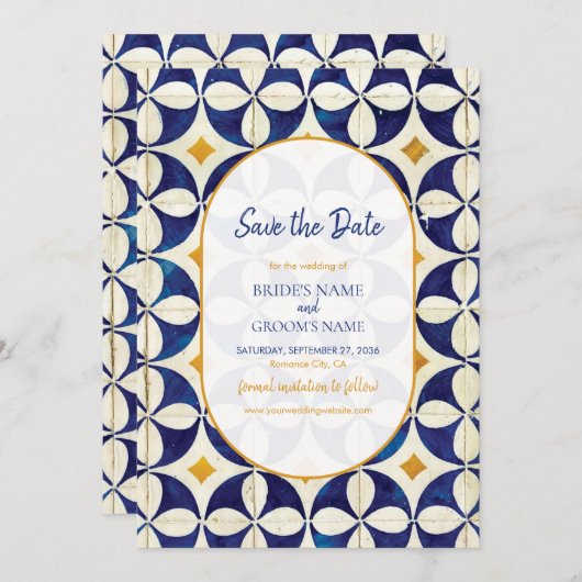 blauwe en gele Portugese patroonbruiloft Save The Date (Voorkant / Achterkant)