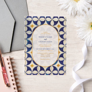 blauwe en gele Portugese patroonbruiloft Vellum Uitnodigingen