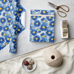 Blauwe en gele schilderachtige bloemen cadeaupapier