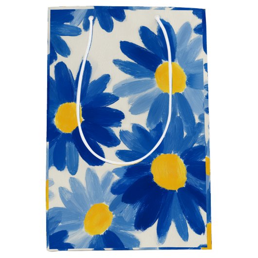 Blauwe en gele schilderachtige bloemen medium cadeauzakje (Voorkant)