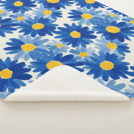 Blauwe en gele schilderachtige bloemen sherpa deken (3/4)