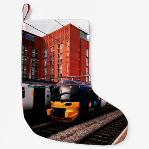 Blauwe en gele trein kleine kerstsok