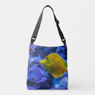 Blauwe en gele twee mooie vissen crossbody tas