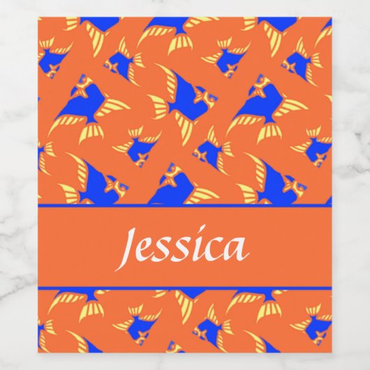 Blauwe en gele vis op sinaasappel wijn etiket (Enkel label)