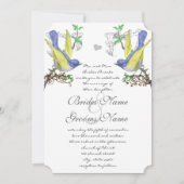 Blauwe en gele  vogels uitgenodigd voor een bruilo kaart (Voorkant)