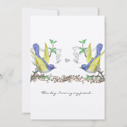 Blauwe en gele  vogels uitgenodigd voor een bruilo kaart (Achterkant)