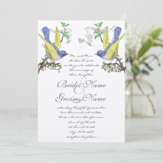 Blauwe en gele  vogels uitgenodigd voor een bruilo kaart (Staand voorkant)