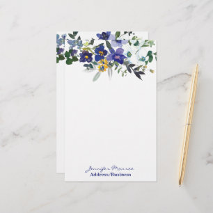 Blauwe en gele waterverf bloemen gepersonaliseerd briefpapier