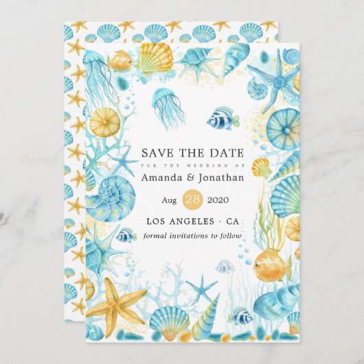Blauwe en gele Zee Save The Date (Voorkant / Achterkant)