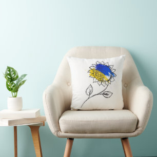 Blauwe en gele zonnebloem in Oekraïense stijl Kussen