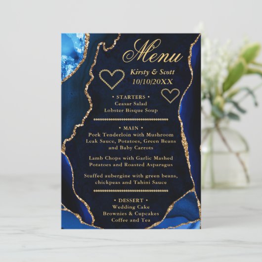 Blauwe en goudbruine bruine marmer menu (Staand voorkant)