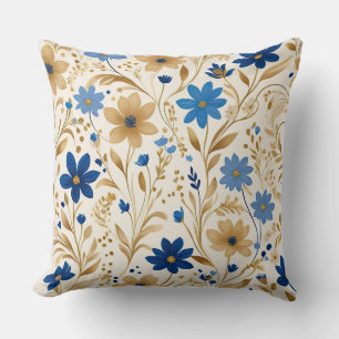Blauwe en gouden bloemen kussen