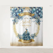 Blauwe en gouden bloemen Sweet Sixteen Party Wall Wandkleed (Voorkant)