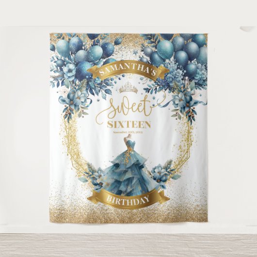 Blauwe en gouden bloemen Sweet Sixteen Party Wall Wandkleed (Voorkant)