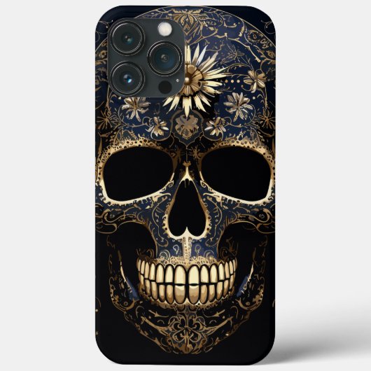 Blauwe en gouden bloemschedel Case-Mate iPhone case (Achterkant)