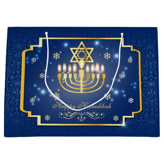 Blauwe en gouden decoratieve Hanukkah Large Cadeautasje (Voorkant)