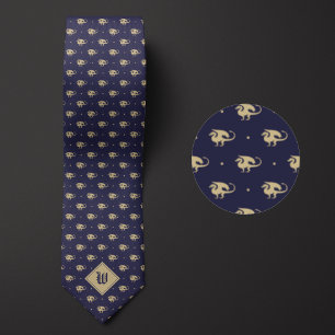 Blauwe en Gouden Draak in Profiel met Monogram Stropdas