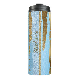 Blauwe en gouden Glitter Stripes Thermische Tumble Thermosbeker