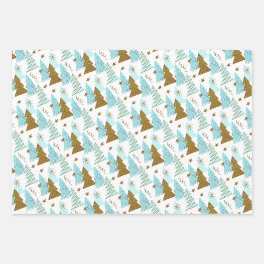 Blauwe en gouden kerstbomen inpakpapier vel (Voorkant 2)