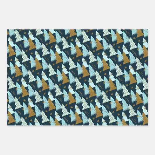 Blauwe en gouden kerstbomen inpakpapier vel (Voorkant)