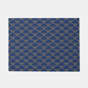 Blauwe en gouden kunst Deco Fan Flower Motif Deurmat