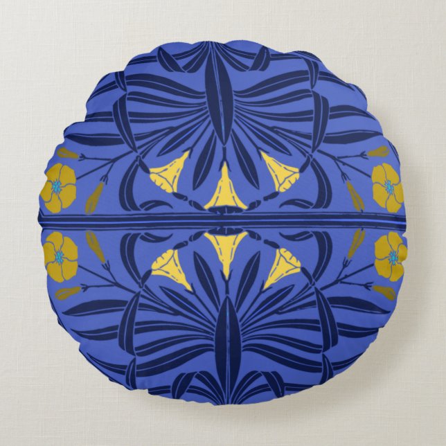 Blauwe en gouden kunst Nieuwe ronde Pillow Rond Kussen (Voorkant)