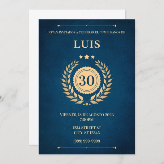 BLAUWE EN GOUDEN UITNODIGING (Voorkant / Achterkant)
