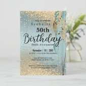 Blauwe en gouden uitnodiging voor geboorte (Staand voorkant)