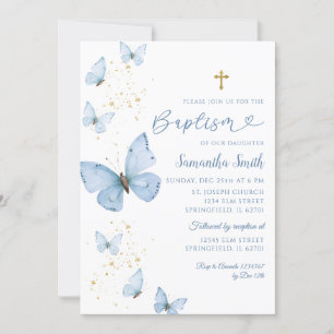 Blauwe en gouden vlinder minimalistische doop kaart