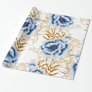 Blauwe en gouden Waterverf Anemone Cadeaupapier