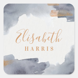 Blauwe en gouden Waterverf Vierkante Sticker