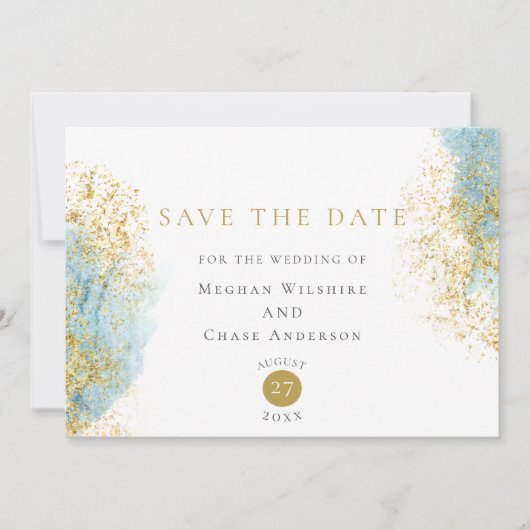 Blauwe en gouden Waterverf Was de datum opslaan Save The Date (Voorkant)