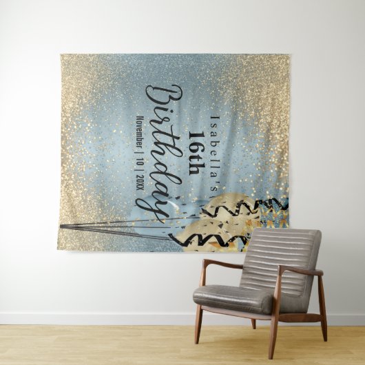 Blauwe en goudglitter Birthday Tapestry Wandkleed (In Situ (horizontaal))