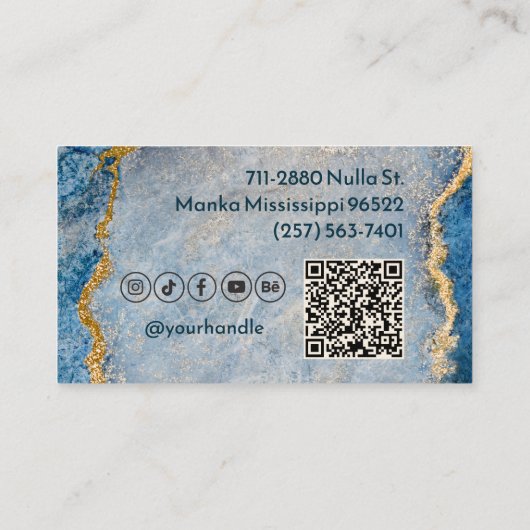 Blauwe en goudglitter Marble Social Media & QR Cod Visitekaartje (Achterkant)
