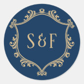 blauwe en goudkleurige monogram Envelopzegel Ronde Sticker (Voorkant)
