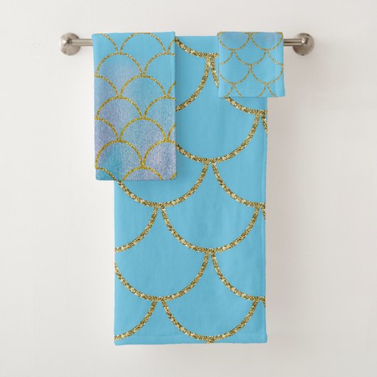 Blauwe en goudkleurige Shimmer Mermaid Scales Bad Handdoek (Insitu)