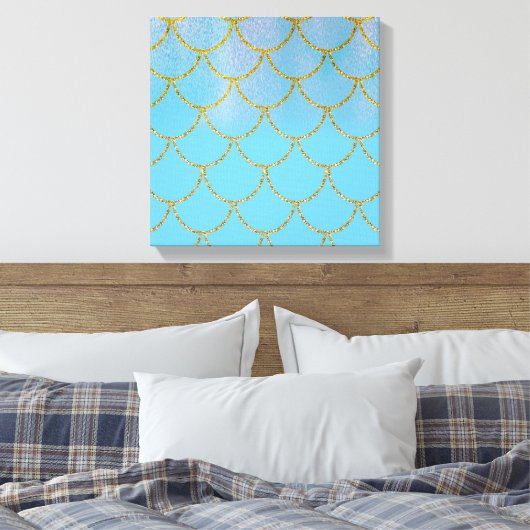 Blauwe en goudkleurige Shimmer Mermaid Scales Canvas Afdruk (Insitu (Slaapkamer))