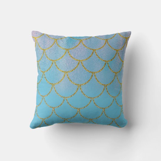 Blauwe en goudkleurige Shimmer Mermaid Scales Kussen (Achterkant)
